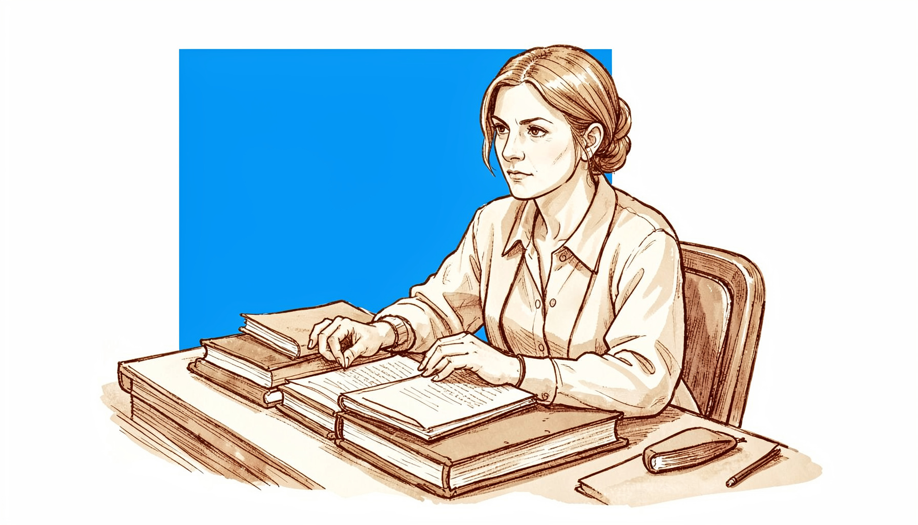 Hand-drawn ink illustration of a woman seated at a desk with books and papers, warm sepia tones on cream paper, thoughtful and scholarly mood