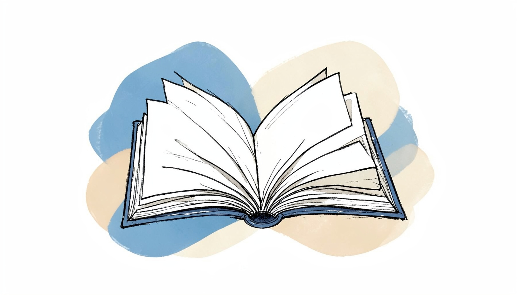 A hand-drawn ink illustration of an open book with pages fanning outward, surrounded by soft abstract shapes in muted blue and warm cream tones, conveying a calm and focused reading atmosphere.