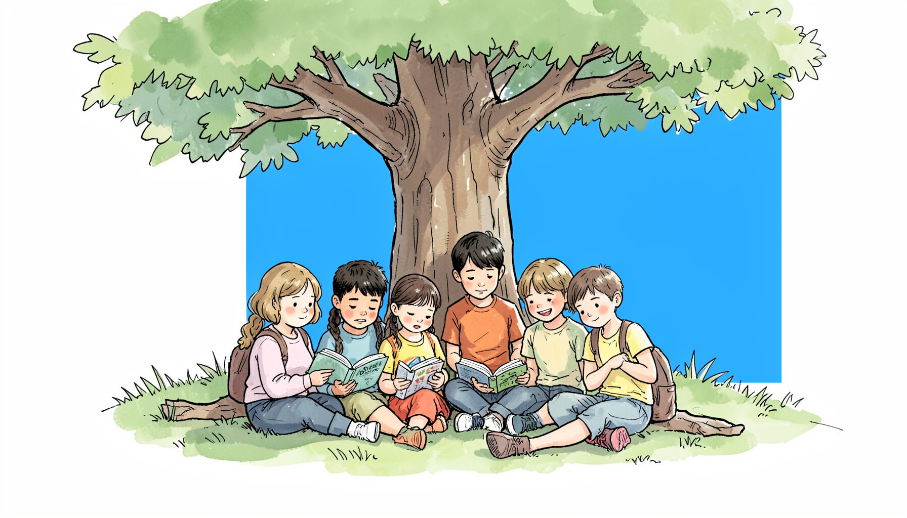 A hand-drawn ink illustration of diverse children sitting together under a large tree, reading and sharing books, with soft green and warm beige tones, conveying community and shared learning