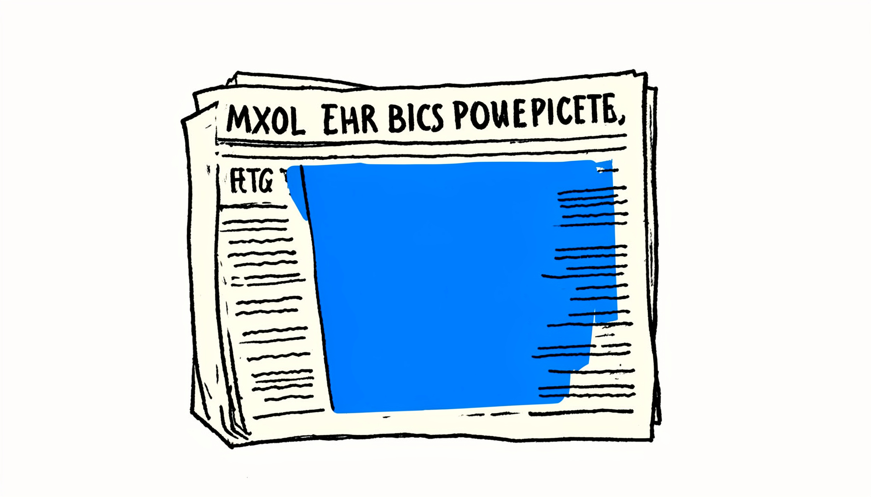 Hand-drawn ink illustration of a newspaper front page with a prominent headline, black ink on cream paper, editorial mood