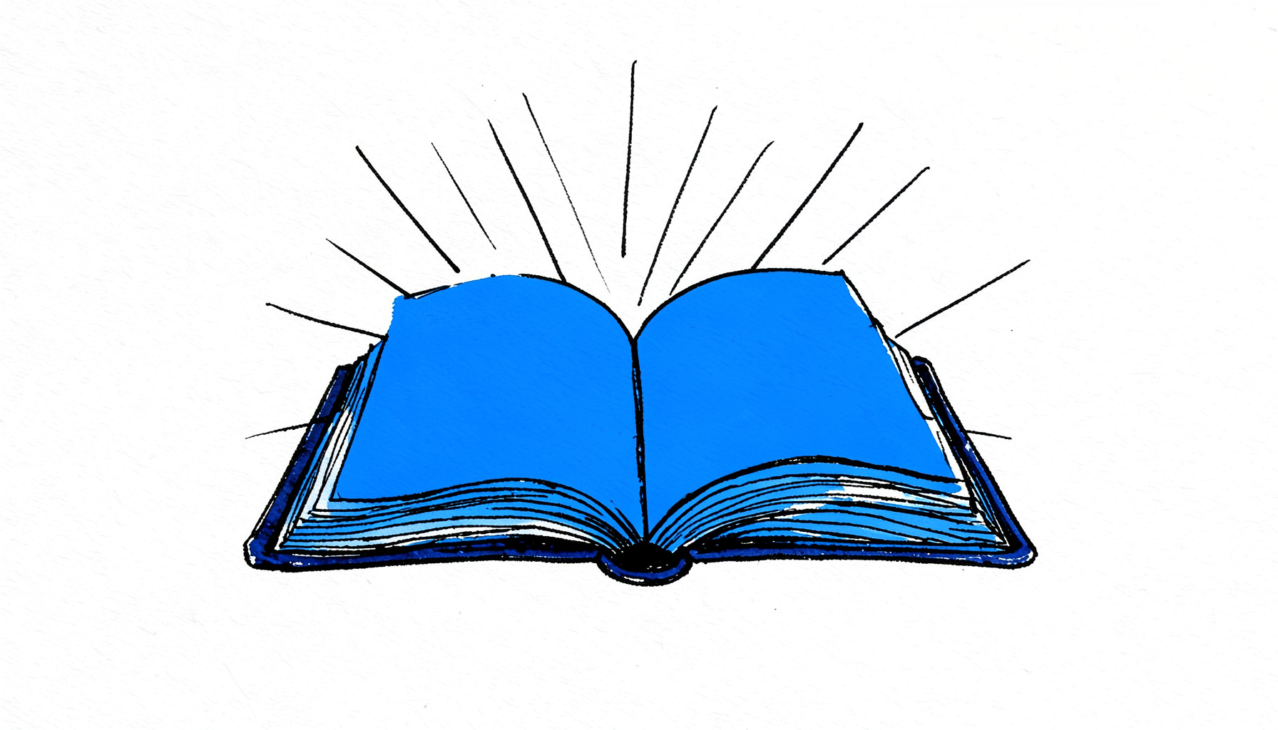 Hand-drawn ink illustration of an open book with rays of light radiating outward, symbolising knowledge and education, black ink on textured paper