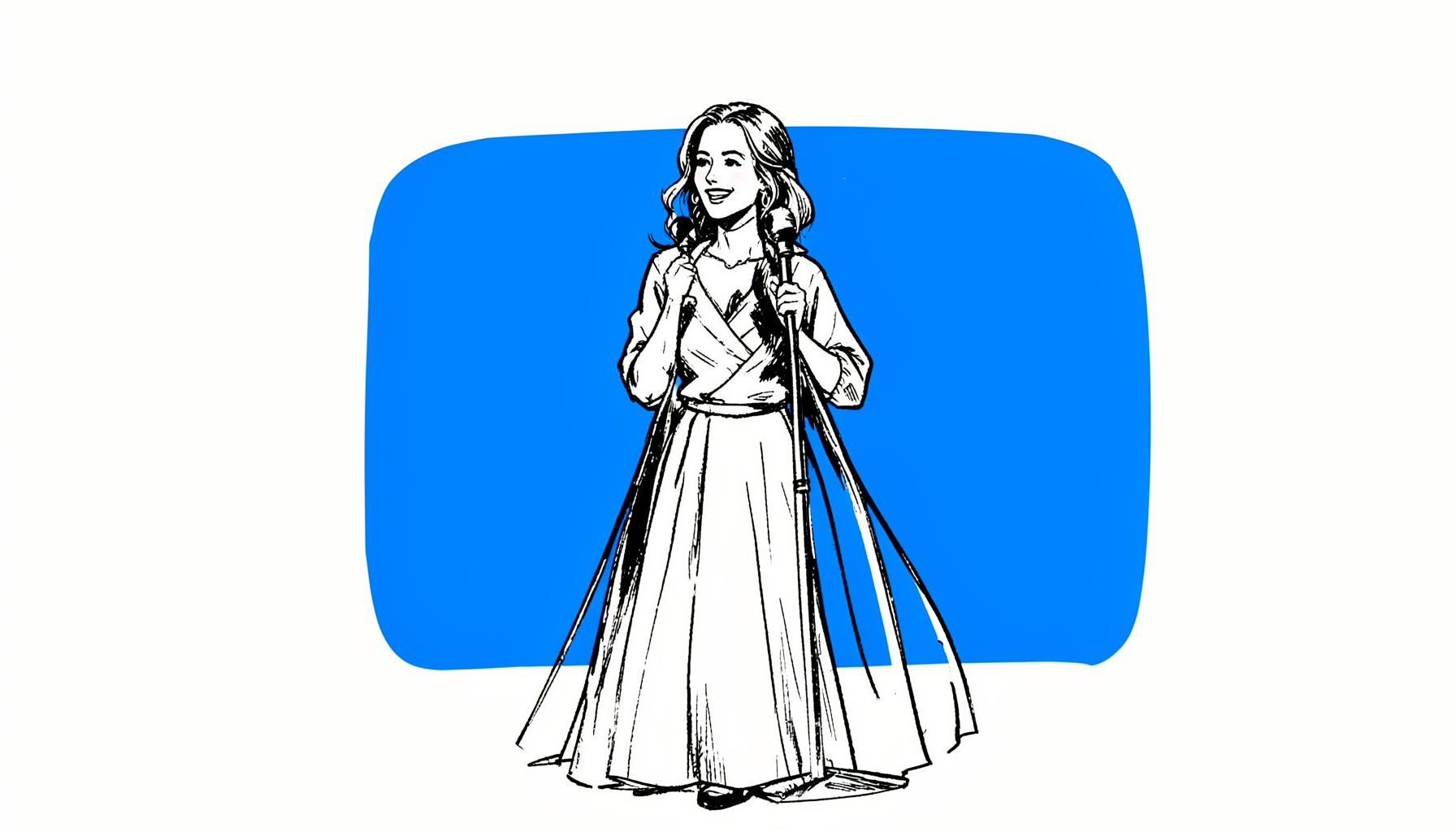 Hand-drawn ink illustration of a woman receiving an award on stage, elegant linework, celebratory atmosphere in black and white